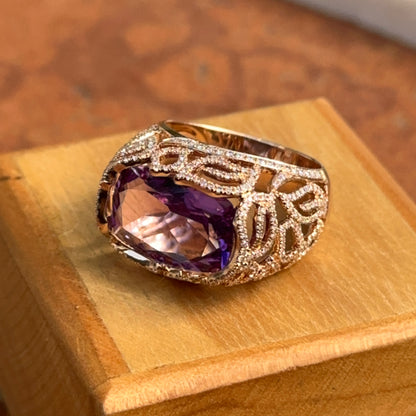 Estate 14KT Rose Gold Radian Amethyst + Diamond Filigree Ring