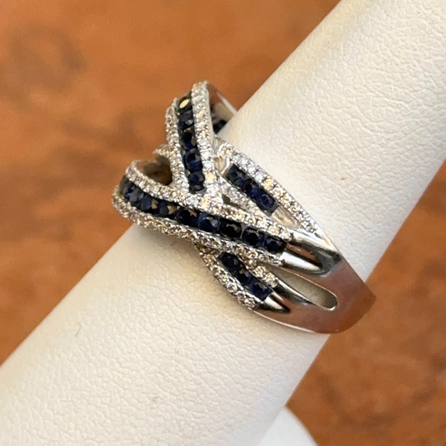 Estate 14KT White Gold Round Blue Sapphire & Diamond Effy Freeform Ring