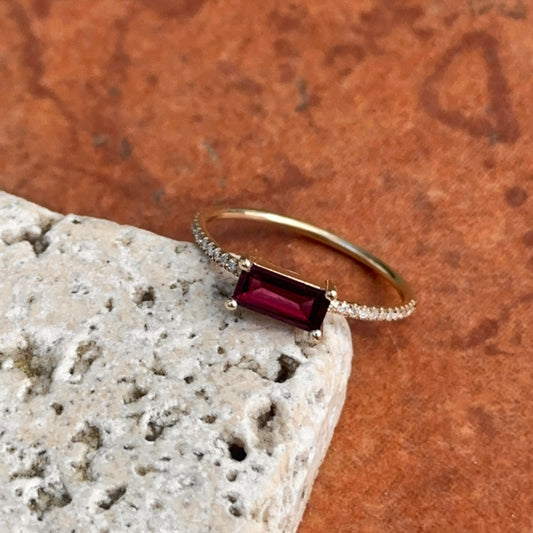 14KT Yellow Gold Rectangle Rhodolite Garnet + Diamond Ring