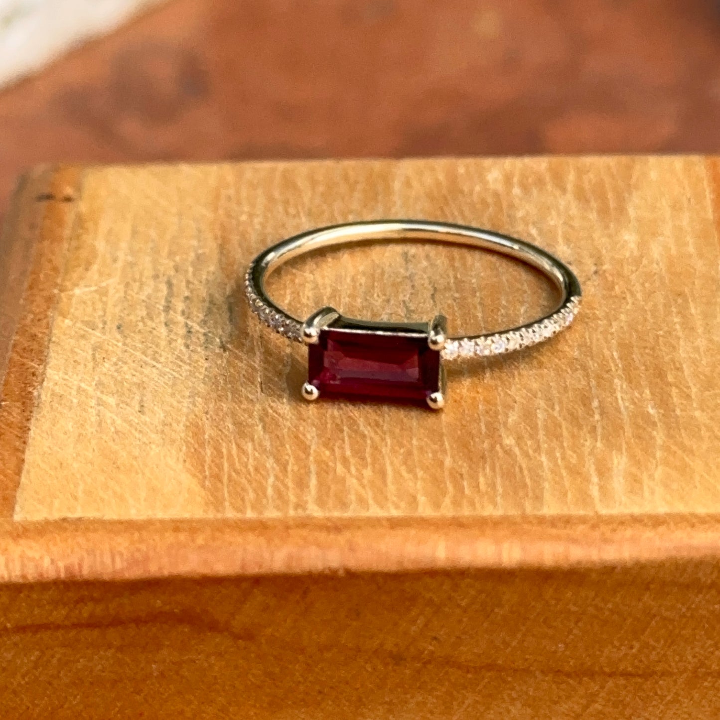 14KT Yellow Gold Rectangle Rhodolite Garnet + Diamond Ring - LSJ