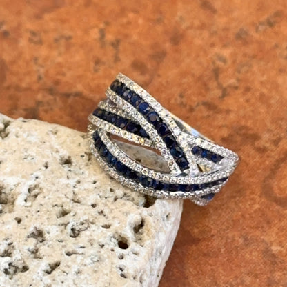 Estate 14KT White Gold Round Blue Sapphire & Diamond Effy Freeform Ring