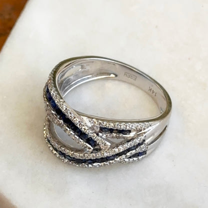 Estate 14KT White Gold Round Blue Sapphire & Diamond Effy Freeform Ring