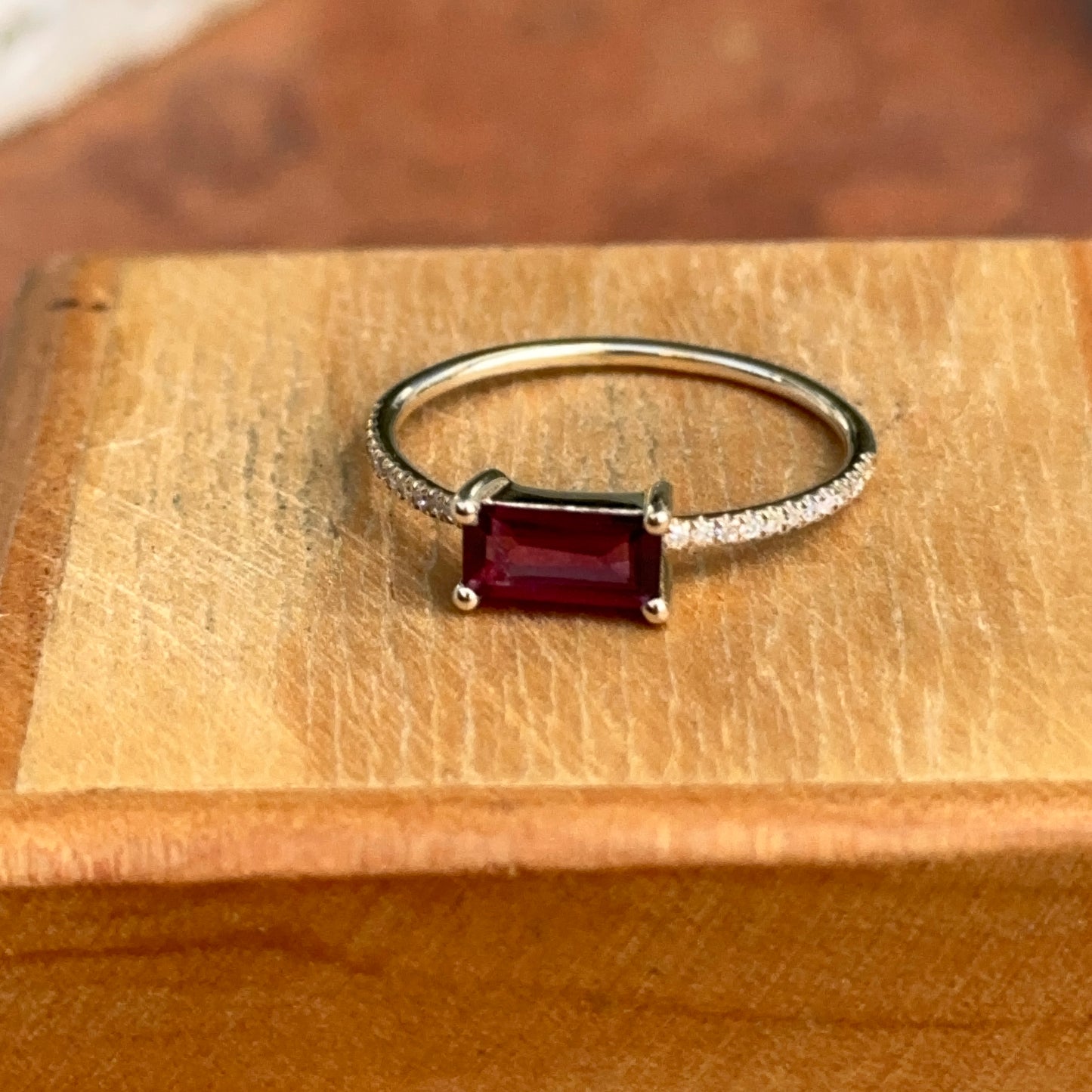 14KT Yellow Gold Rectangle Rhodolite Garnet + Diamond Ring - LSJ