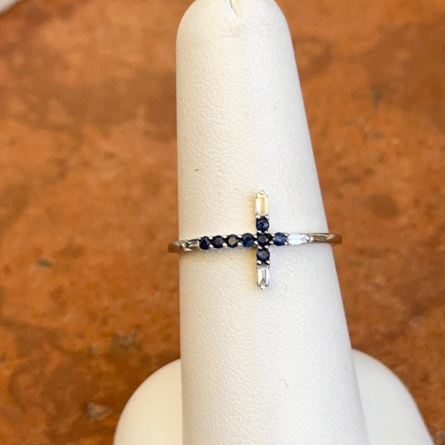 Estate 14K White Gold Round Blue Sapphire + Baguette Diamond Sideways Cross Ring