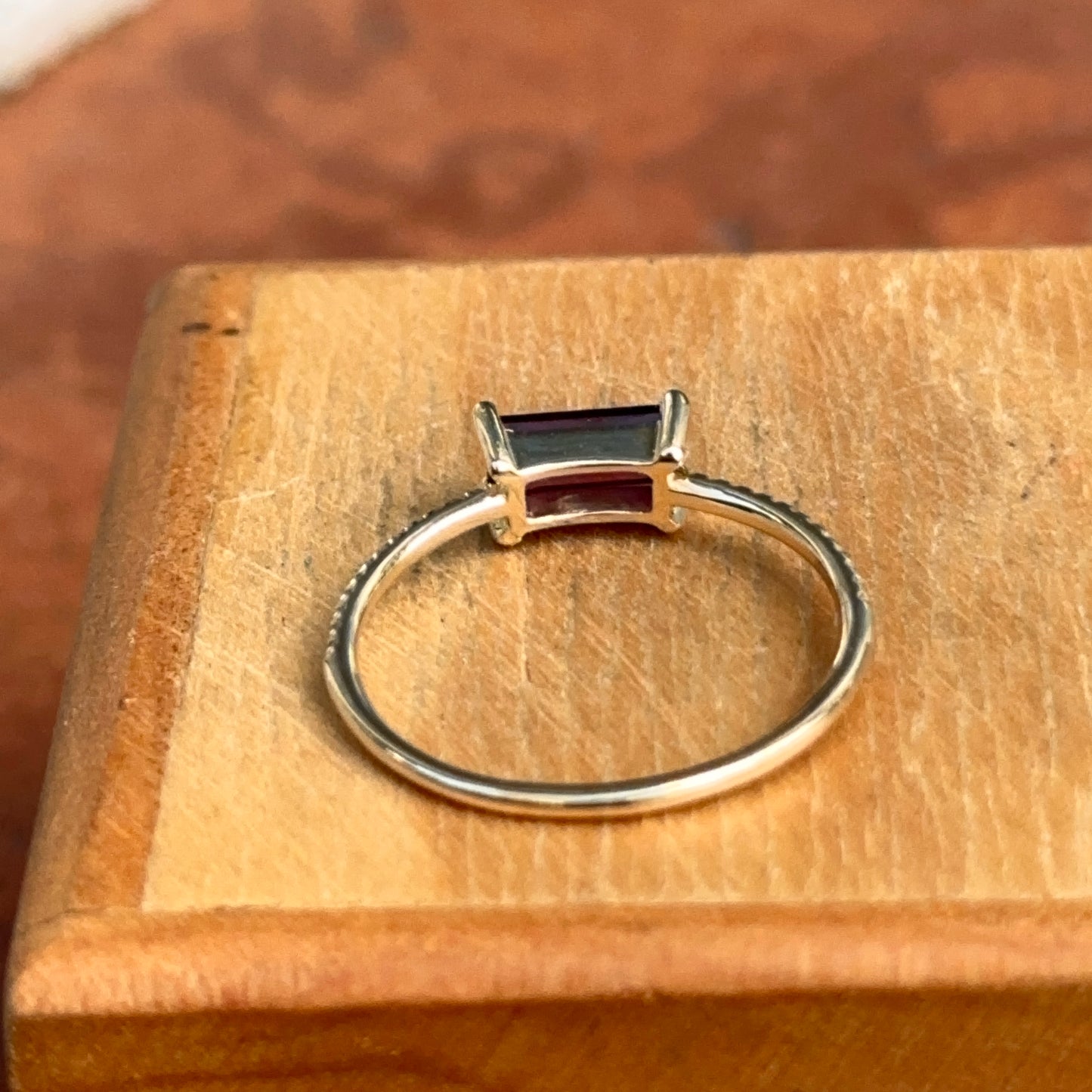 14KT Yellow Gold Rectangle Rhodolite Garnet + Diamond Ring - LSJ
