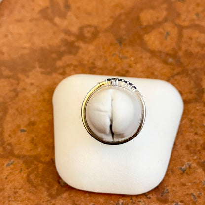 Estate 14K White Gold Round Blue Sapphire + Baguette Diamond Sideways Cross Ring