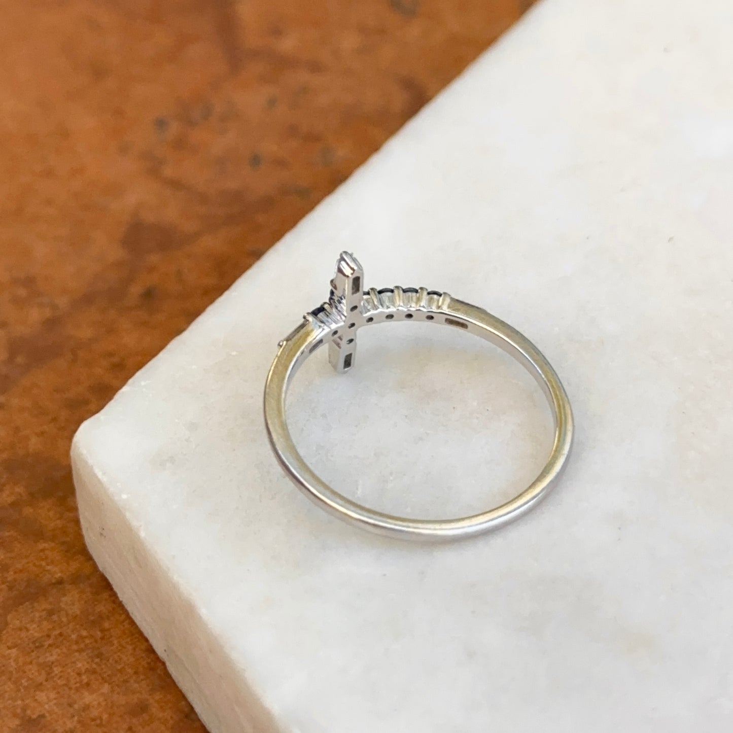Estate 14K White Gold Round Blue Sapphire + Baguette Diamond Sideways Cross Ring