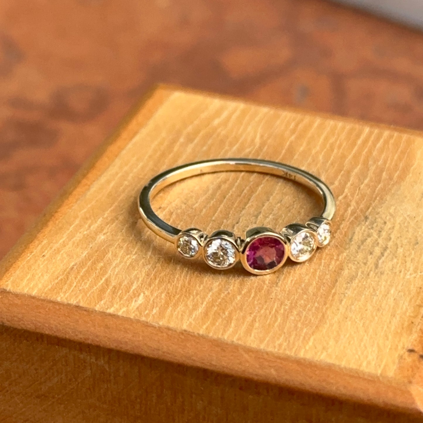 Estate 14KT Yellow Gold Bezel Pink Tourmaline + Diamond Ring - LSJ