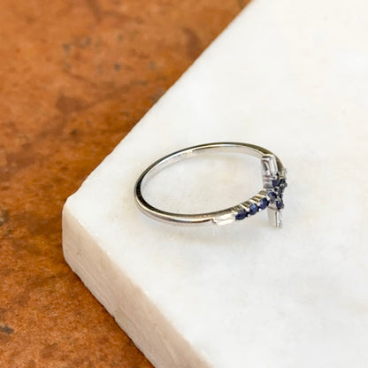 Estate 14K White Gold Round Blue Sapphire + Baguette Diamond Sideways Cross Ring