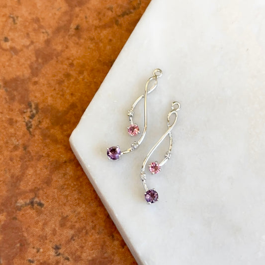 Estate 14KT White Gold Round Amethyst, Pink Tourmaline, Diamond Earrings Jackets