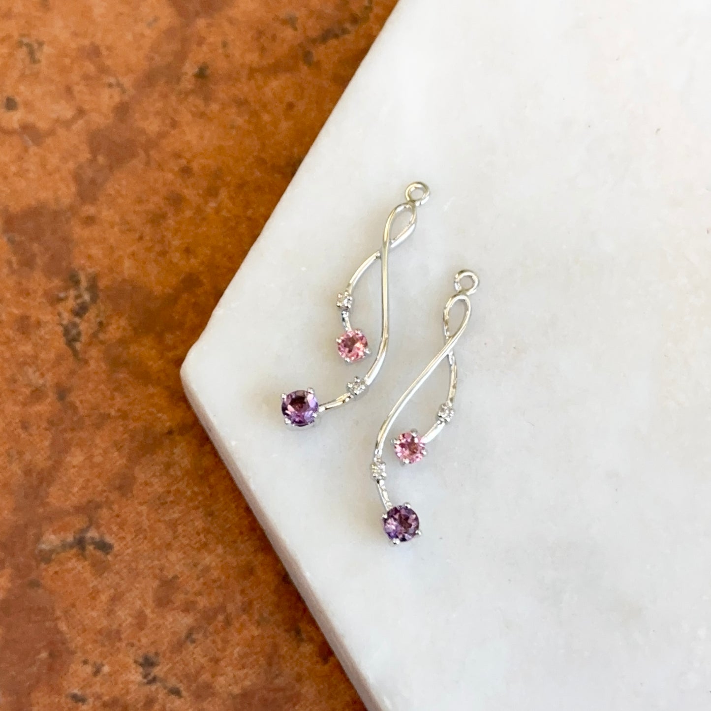 Estate 14KT White Gold Round Amethyst, Pink Tourmaline, Diamond Earrings Jackets