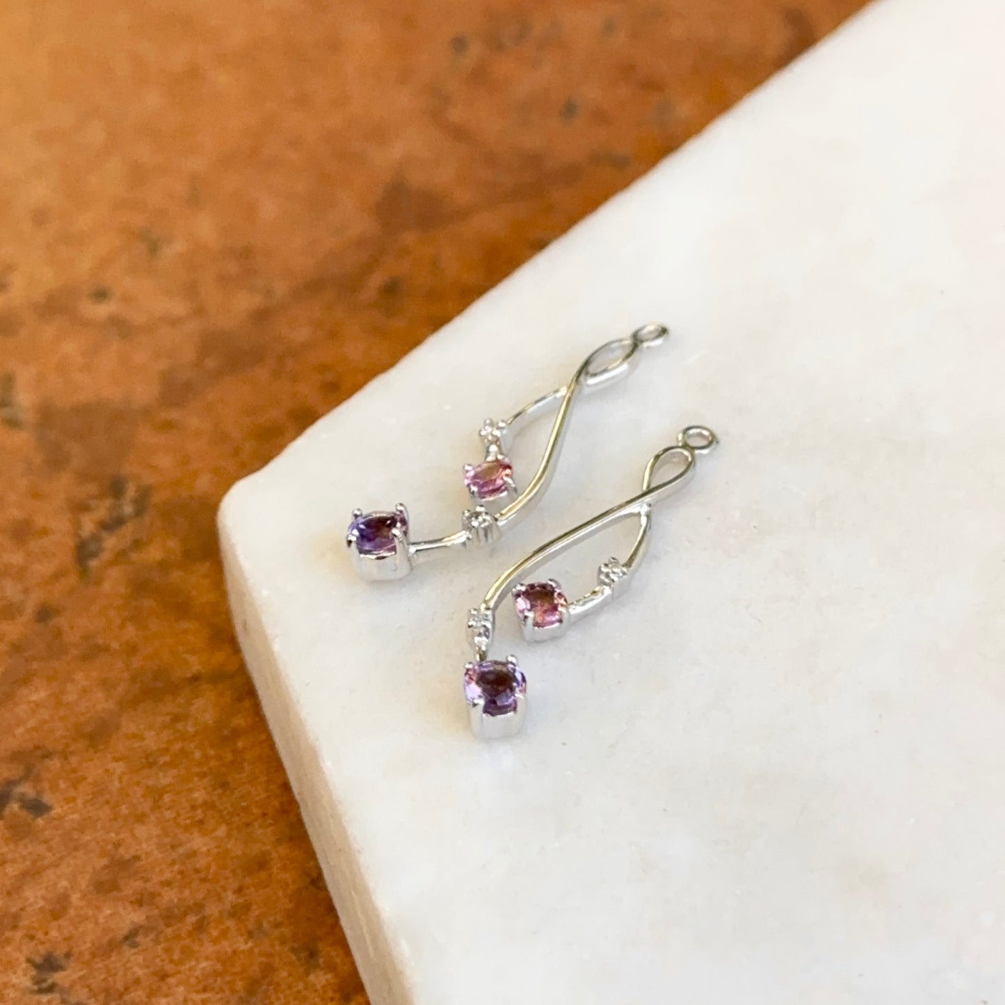 Estate 14KT White Gold Round Amethyst, Pink Tourmaline, Diamond Earrings Jackets