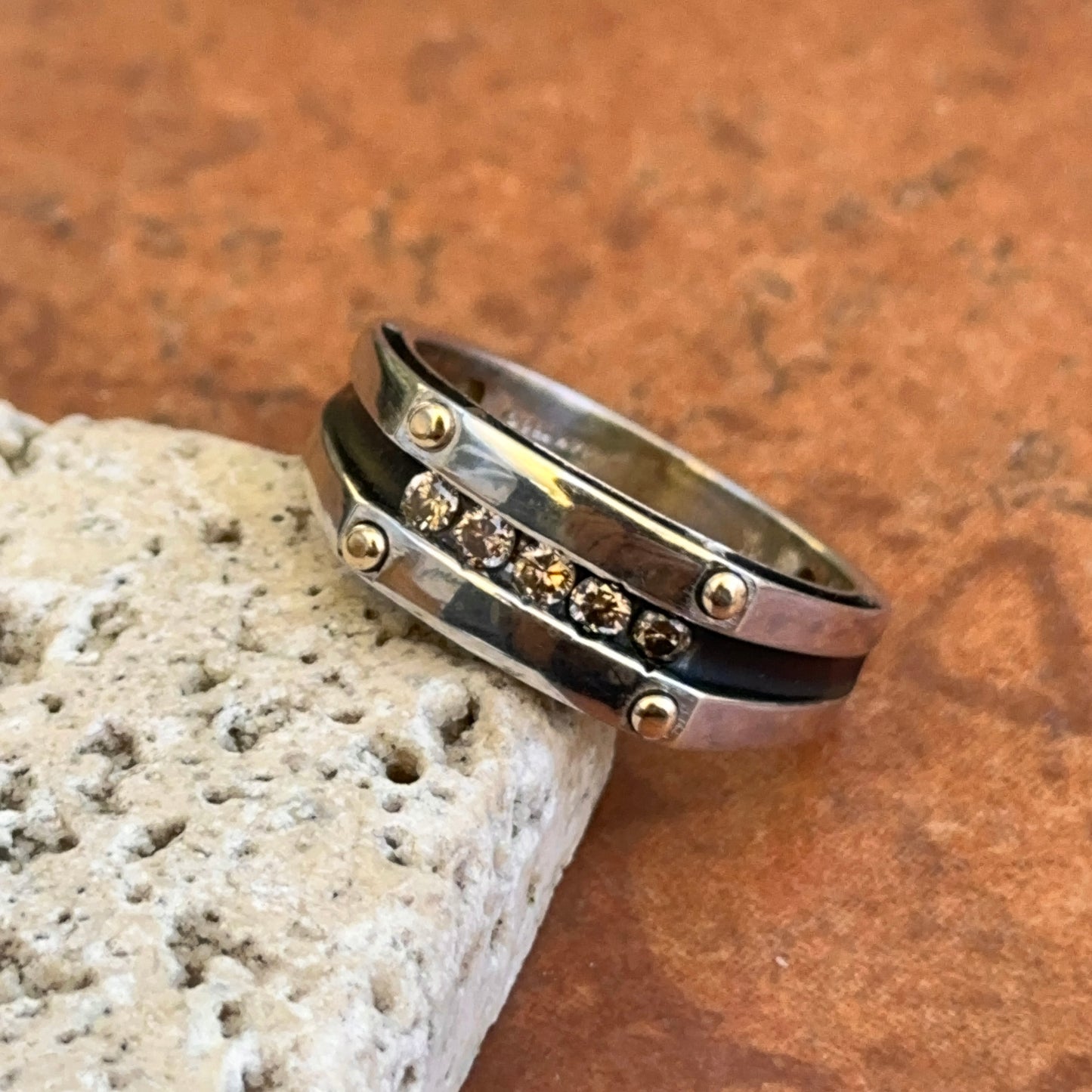 14KT Two-Tone Gold Round Brown Diamond Antiqued Channel Set Ring