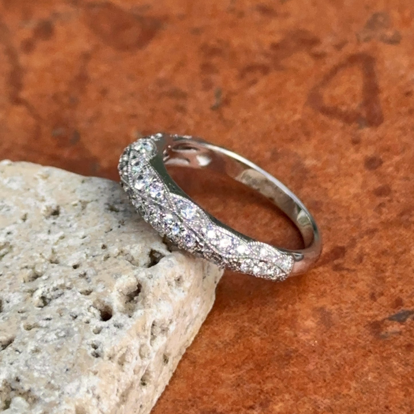 14KT White Gold Filigree Diamond Dome Ring