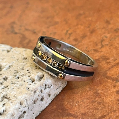 14KT Two-Tone Gold Round Brown Diamond Antiqued Channel Set Ring