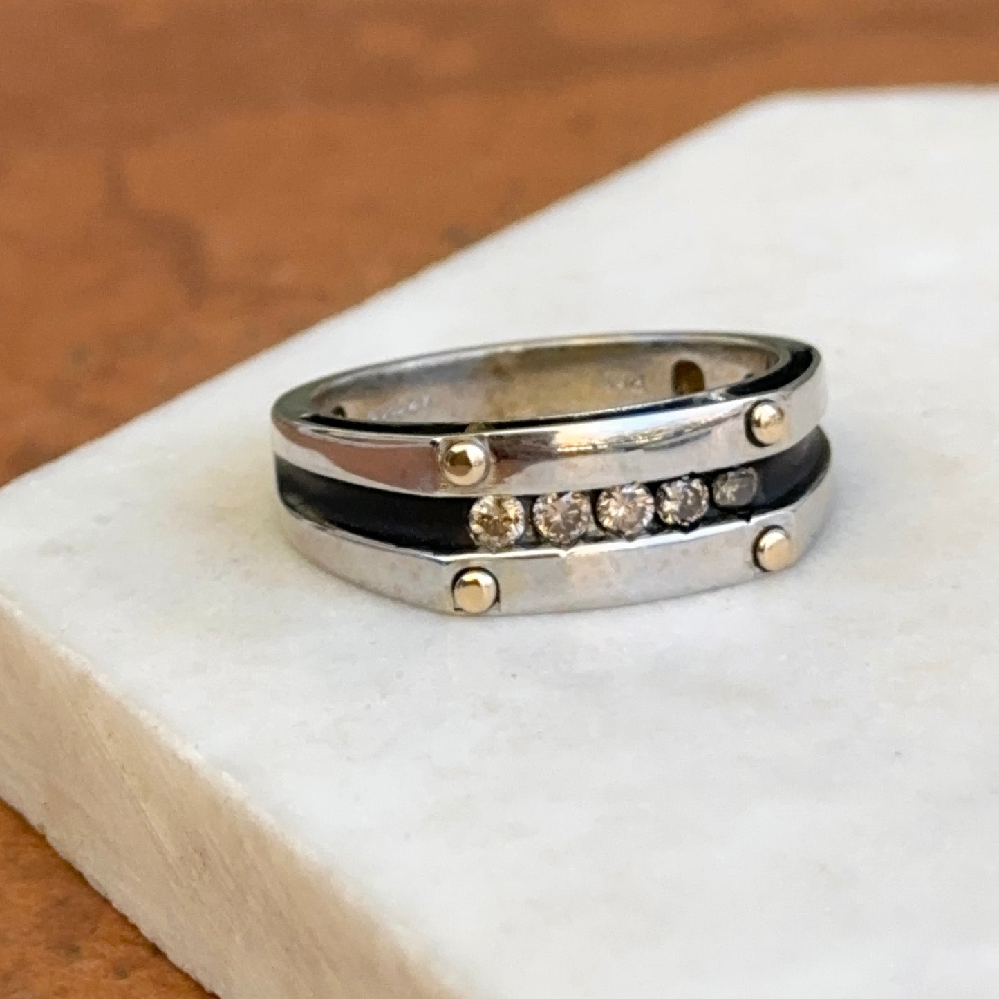 14KT Two-Tone Gold Round Brown Diamond Antiqued Channel Set Ring