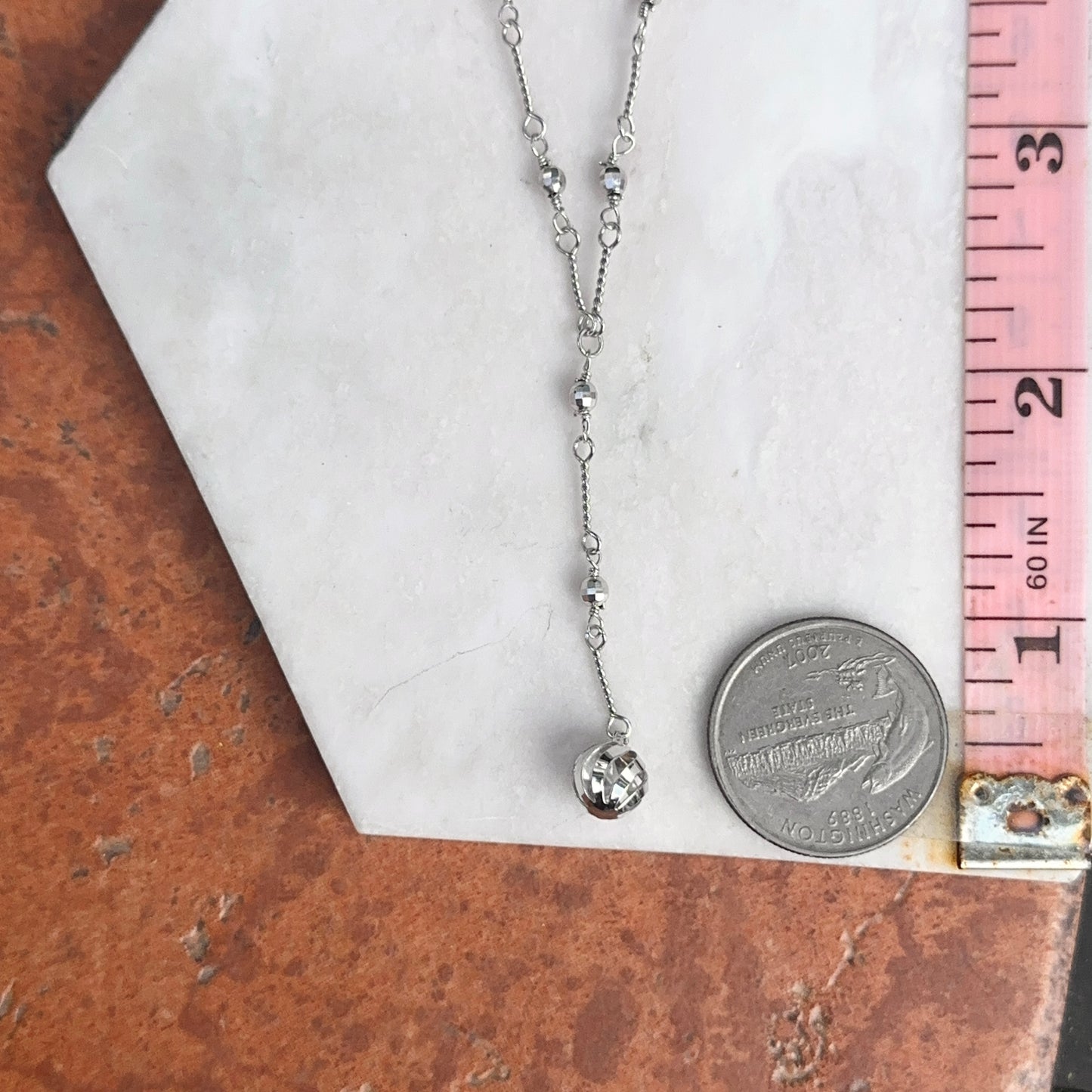 Estate 10KT White Gold Beaded Ball Lariat Necklace - LSJ