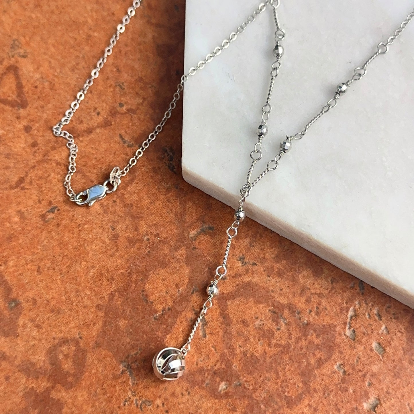 Estate 10KT White Gold Beaded Ball Lariat Necklace - LSJ