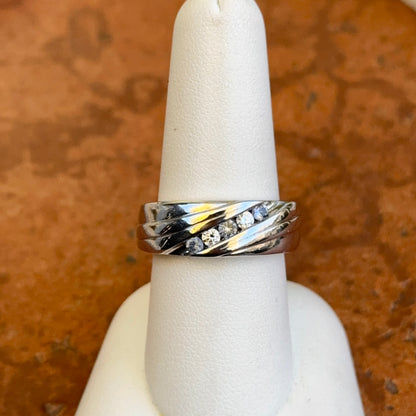 Estate 14KT White Gold Round Diamond + Ice Blue Sapphire Carved Ring