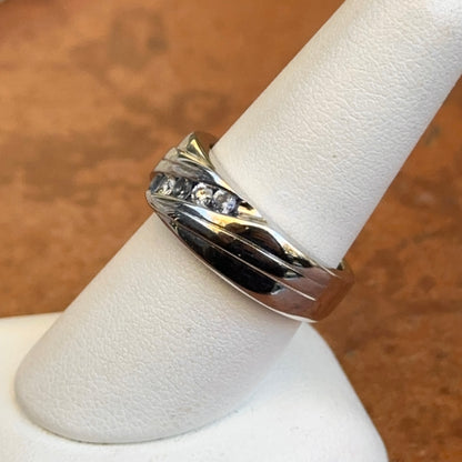 Estate 14KT White Gold Round Diamond + Ice Blue Sapphire Carved Ring