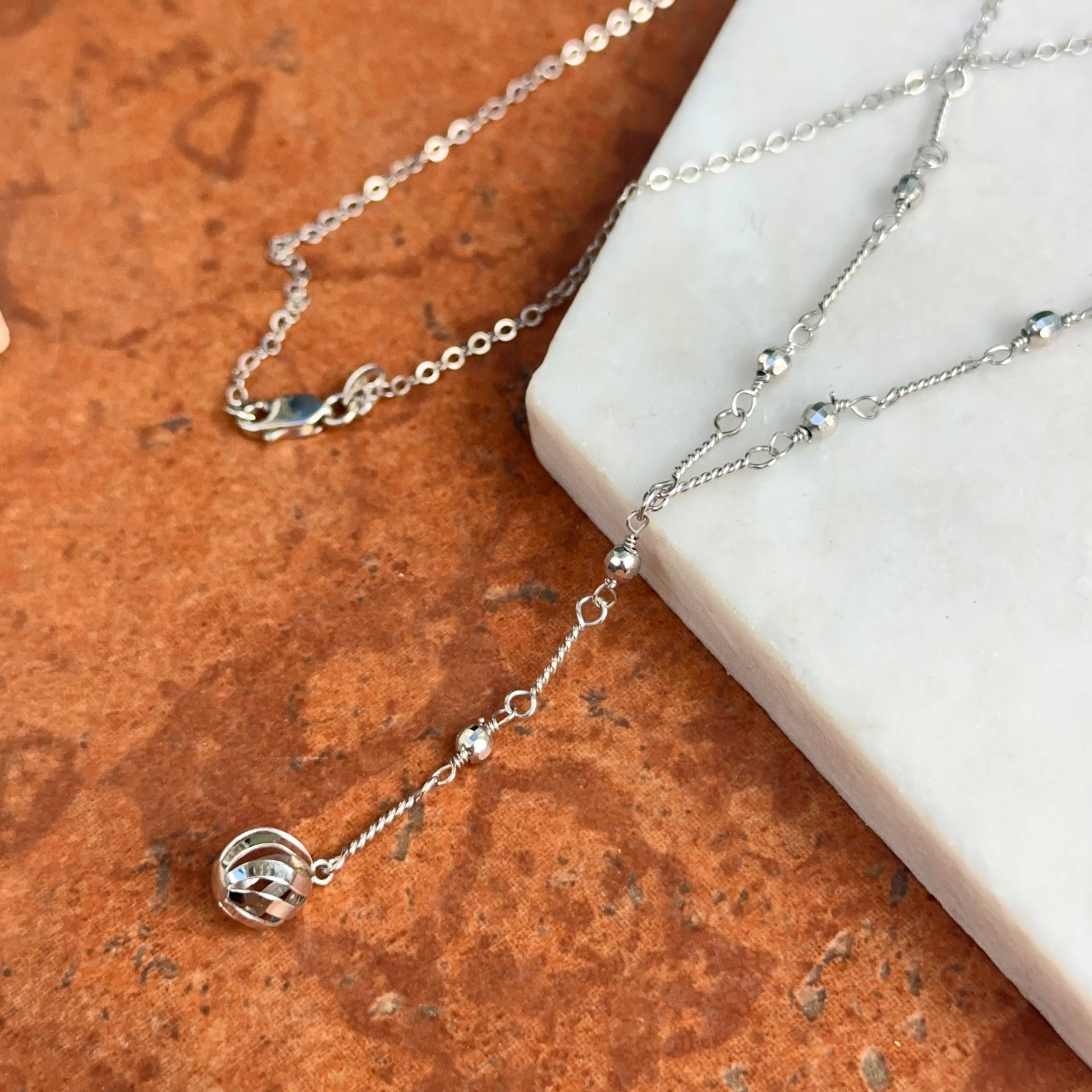 Estate 10KT White Gold Beaded Ball Lariat Necklace - LSJ
