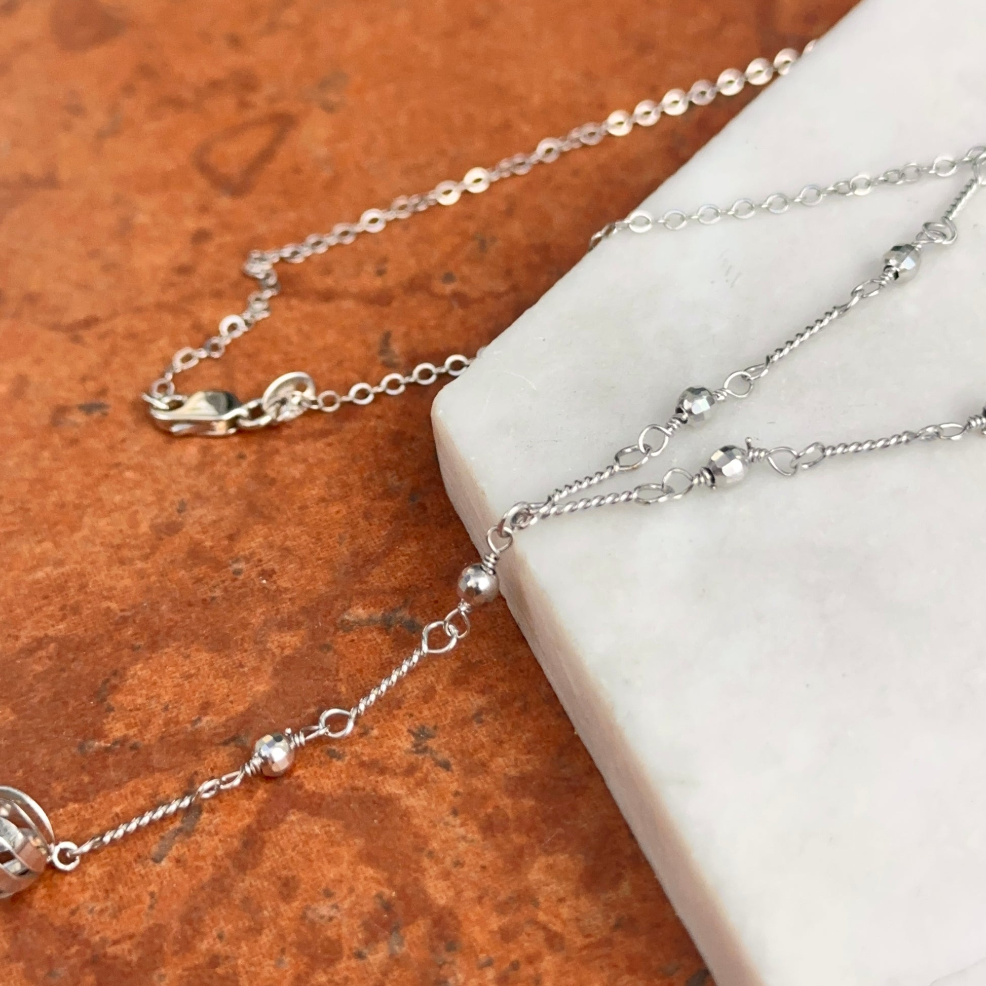 Estate 10KT White Gold Beaded Ball Lariat Necklace - LSJ