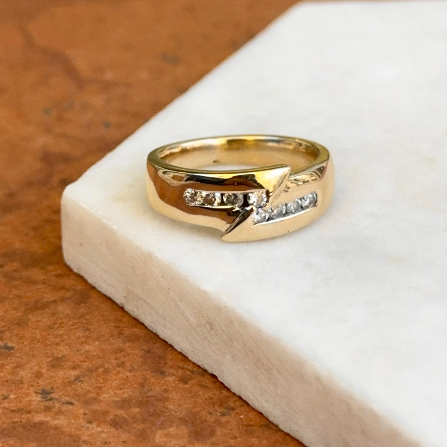 Estate 14KT Yellow Gold Off Set Diamond Channel Set Ring