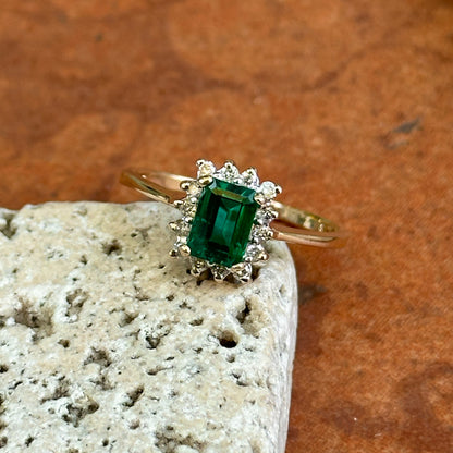 Estate 10KT Yellow Gold .95 CT Emerald-Cut Emerald + Diamond Halo Ring