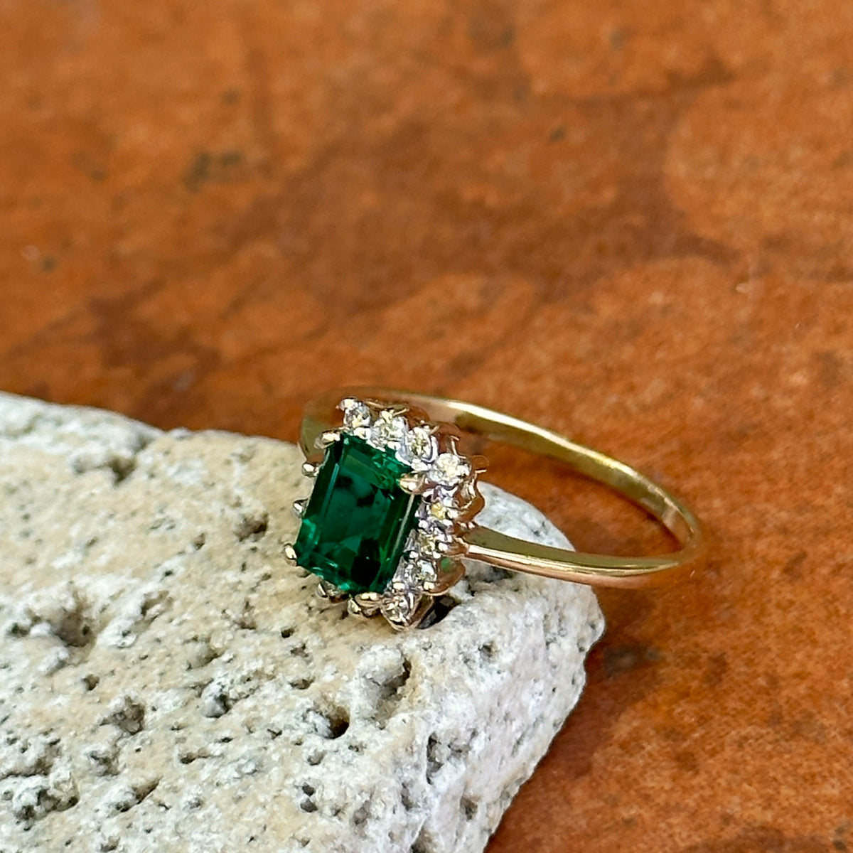 Estate 10KT Yellow Gold .95 CT Emerald-Cut Emerald + Diamond Halo Ring