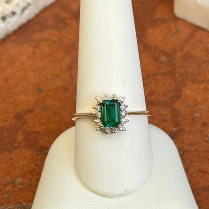 Estate 10KT Yellow Gold .95 CT Emerald-Cut Emerald + Diamond Halo Ring