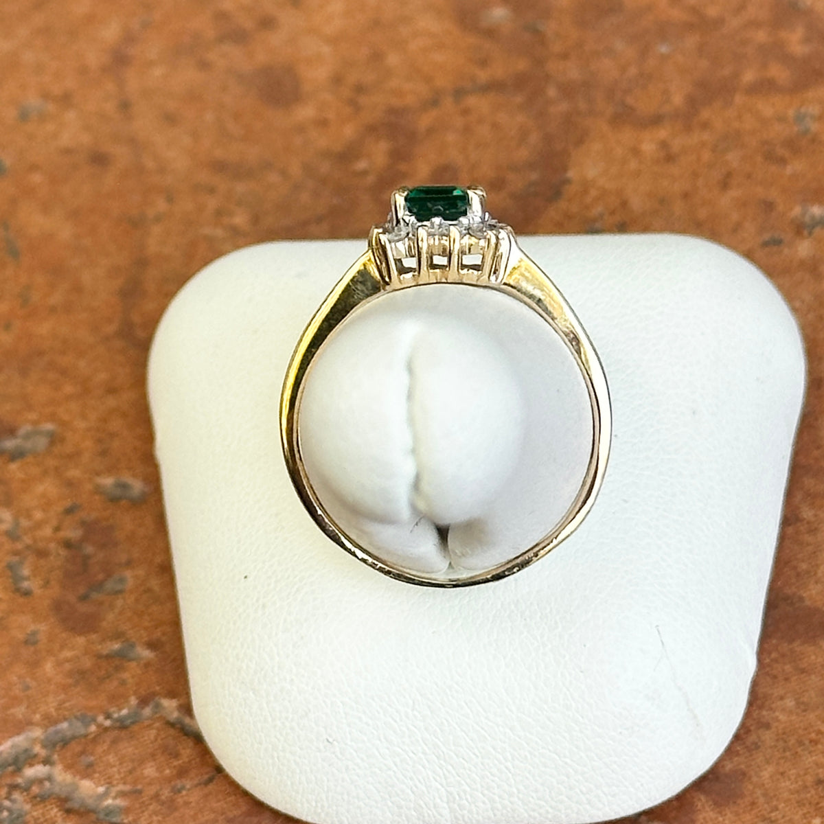 Estate 10KT Yellow Gold .95 CT Emerald-Cut Emerald + Diamond Halo Ring