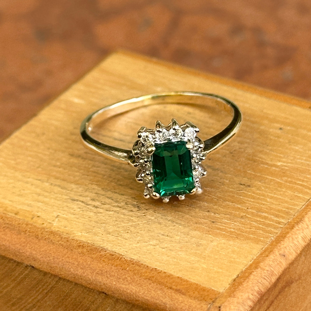 Estate 10KT Yellow Gold .95 CT Emerald-Cut Emerald + Diamond Halo Ring