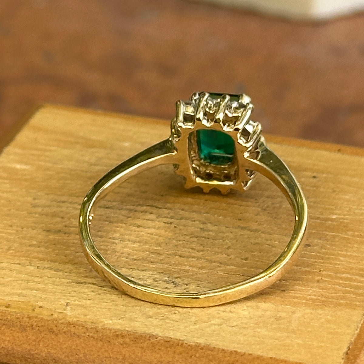 Estate 10KT Yellow Gold .95 CT Emerald-Cut Emerald + Diamond Halo Ring