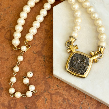 Estate Gold-Tone Marvella Coin + Faux Pearl Necklace