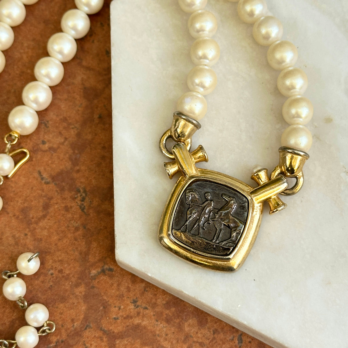 Estate Gold-Tone Marvella Coin + Faux Pearl Necklace