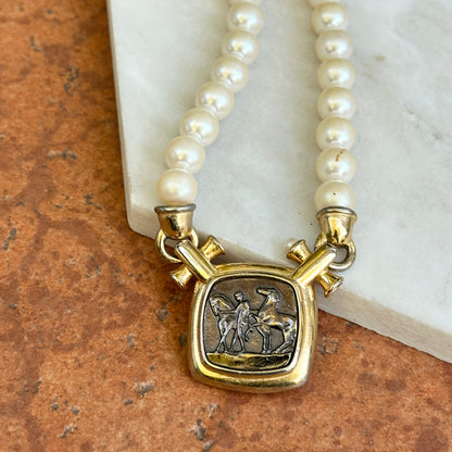Estate Gold-Tone Marvella Coin + Faux Pearl Necklace