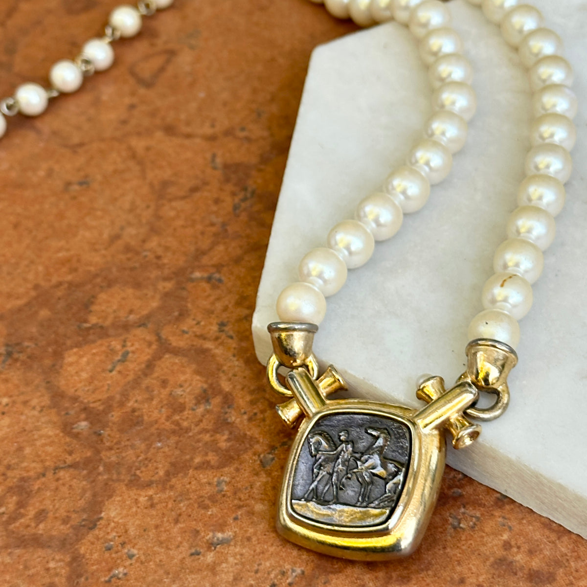 Estate Gold-Tone Marvella Coin + Faux Pearl Necklace