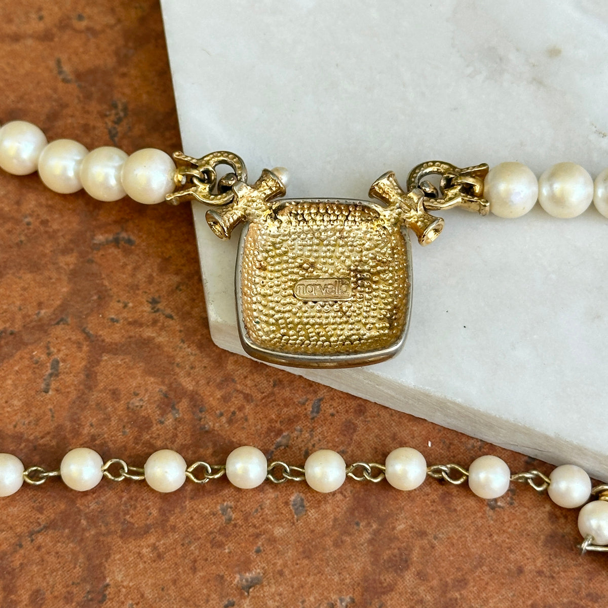 Estate Gold-Tone Marvella Coin + Faux Pearl Necklace