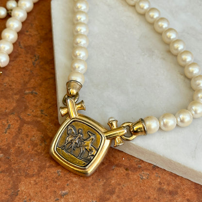 Estate Gold-Tone Marvella Coin + Faux Pearl Necklace