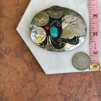 Estate Silver Large Eagle Coin Turquoise Belt Buckle