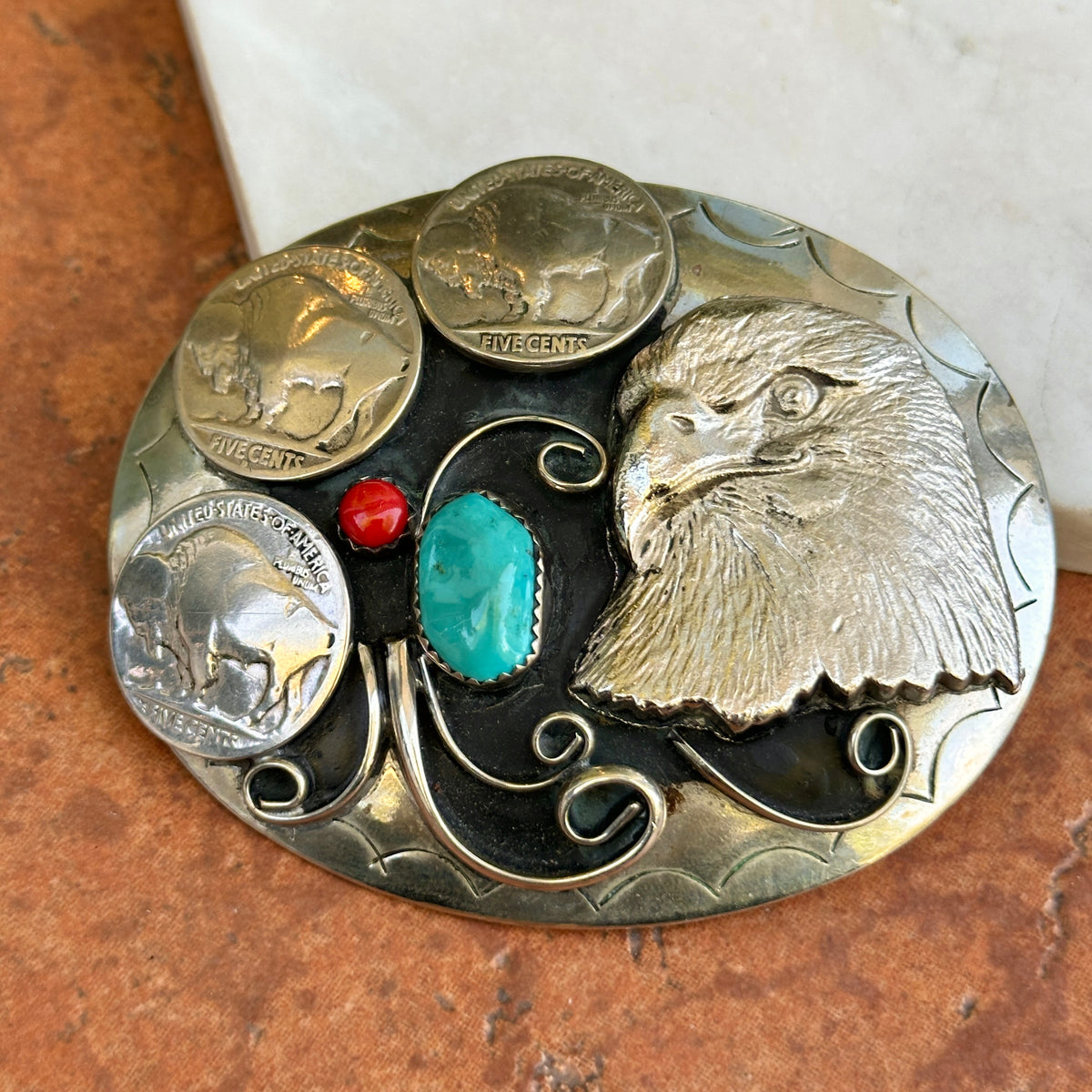 Estate Silver Large Eagle Coin Turquoise Belt Buckle