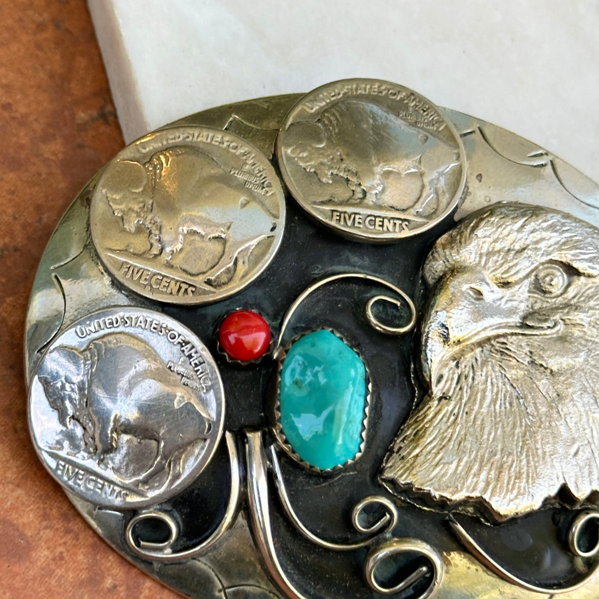 Estate Silver Large Eagle Coin Turquoise Belt Buckle