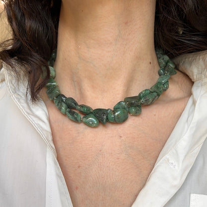 14KT Yellow Gold Double Strand Abstract Emerald Link Necklace