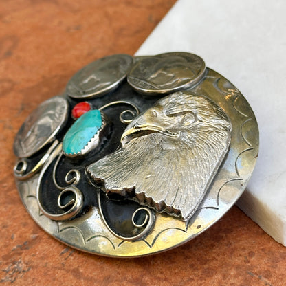 Estate Silver Large Eagle Coin Turquoise Belt Buckle