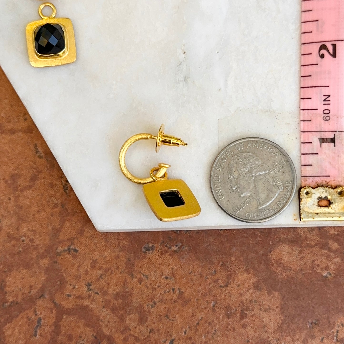 Yellow Gold-Plated Square Checkerboard Black Stone Charm Dangle Hoop Earrings