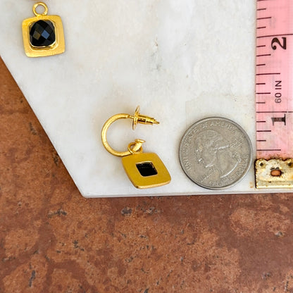 Yellow Gold-Plated Square Checkerboard Black Stone Charm Dangle Hoop Earrings