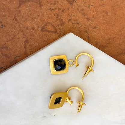 Yellow Gold-Plated Square Checkerboard Black Stone Charm Dangle Hoop Earrings