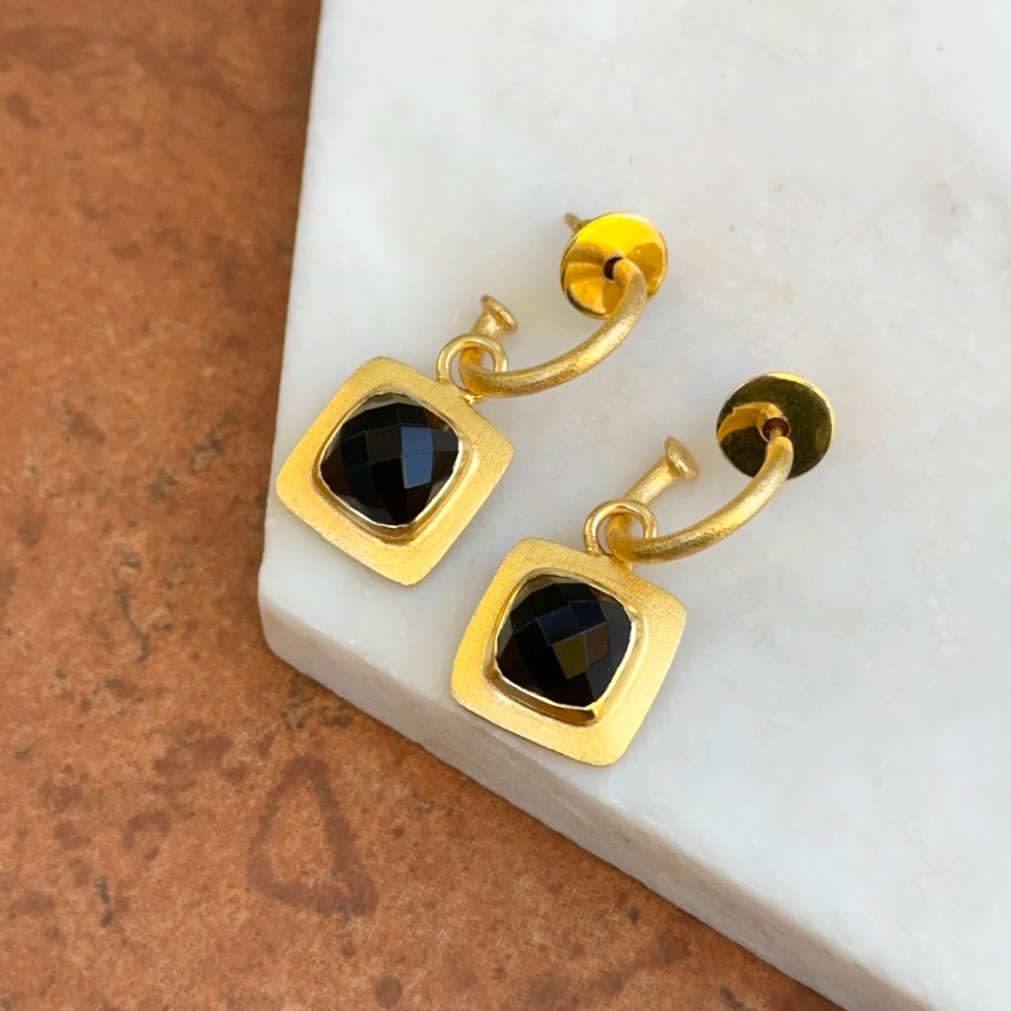 Yellow Gold-Plated Square Checkerboard Black Stone Charm Dangle Hoop Earrings