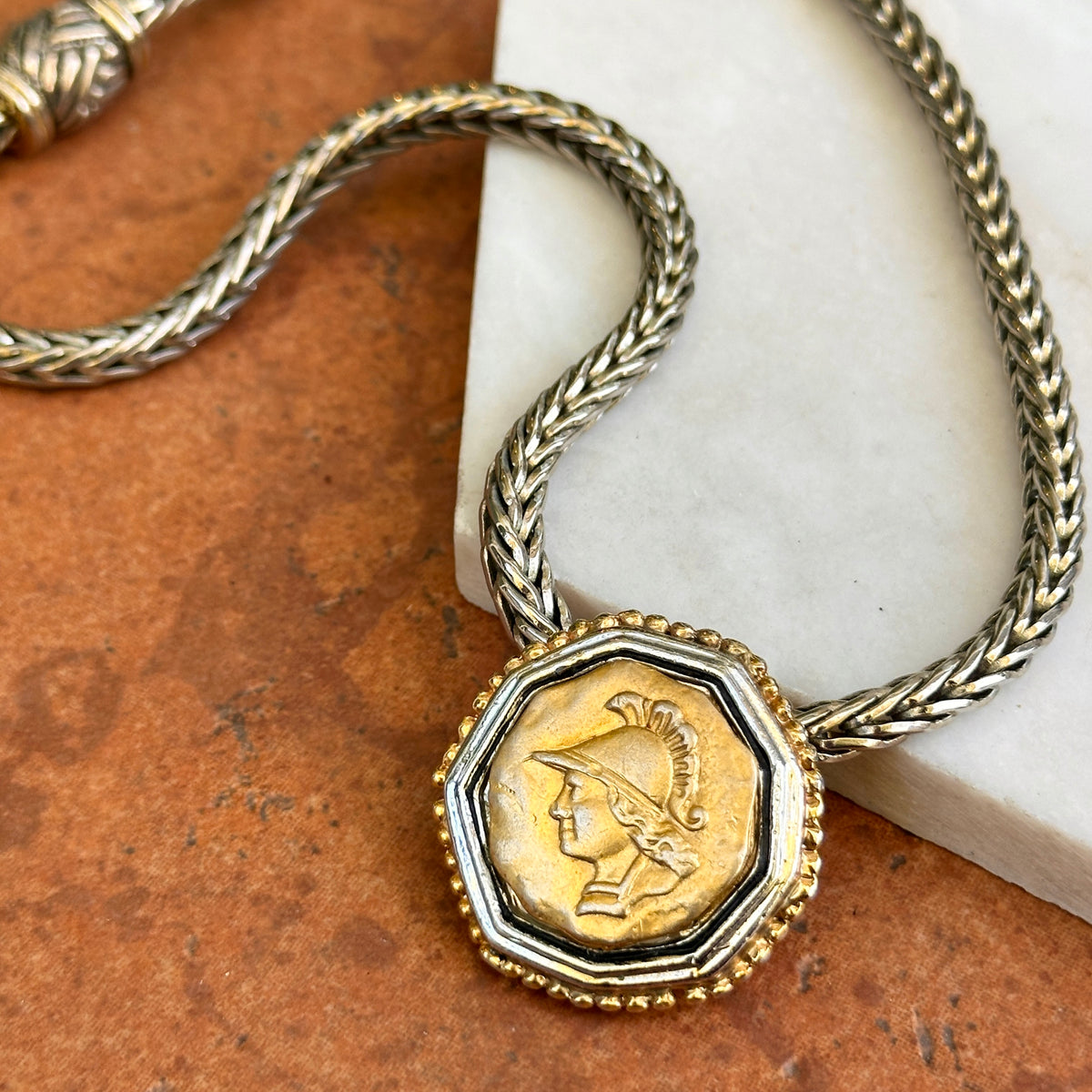 Estate Gold-Tone and Silver Faux Roman Coin Foxtail Necklace