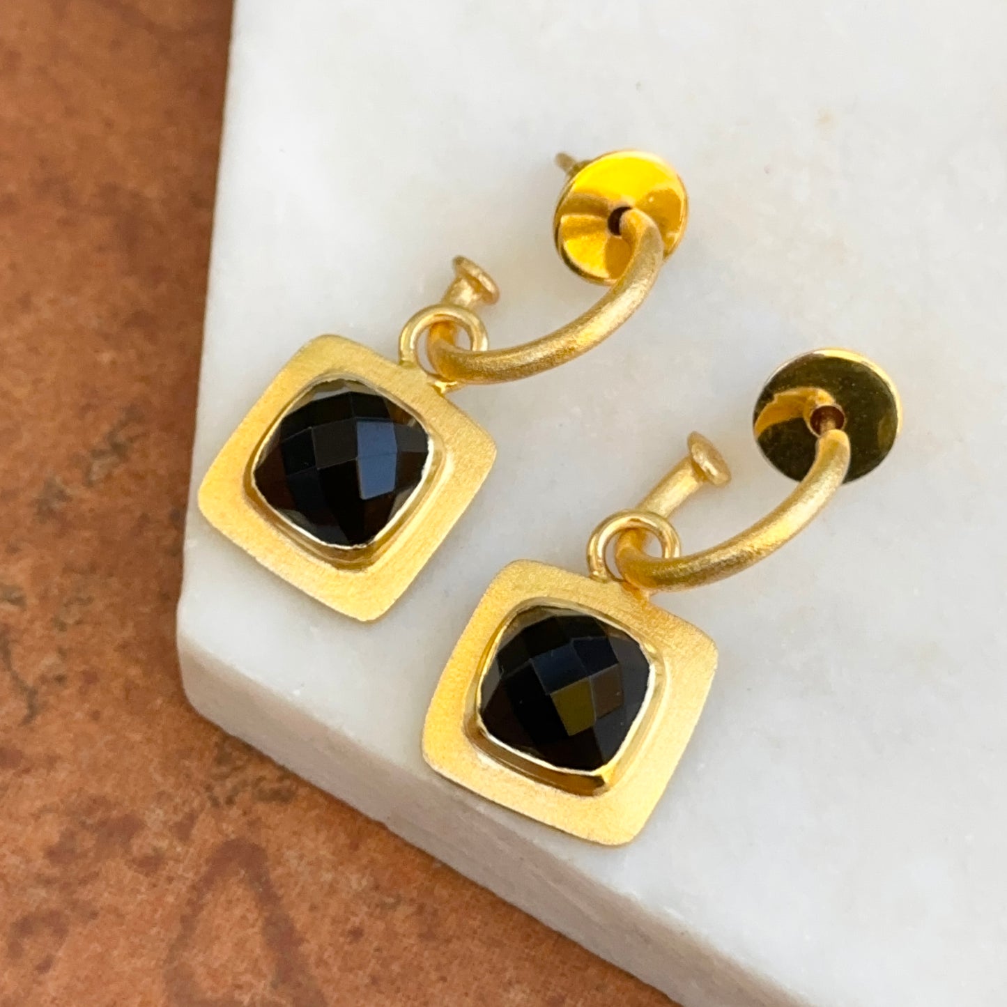 Yellow Gold-Plated Square Checkerboard Black Stone Charm Dangle Hoop Earrings